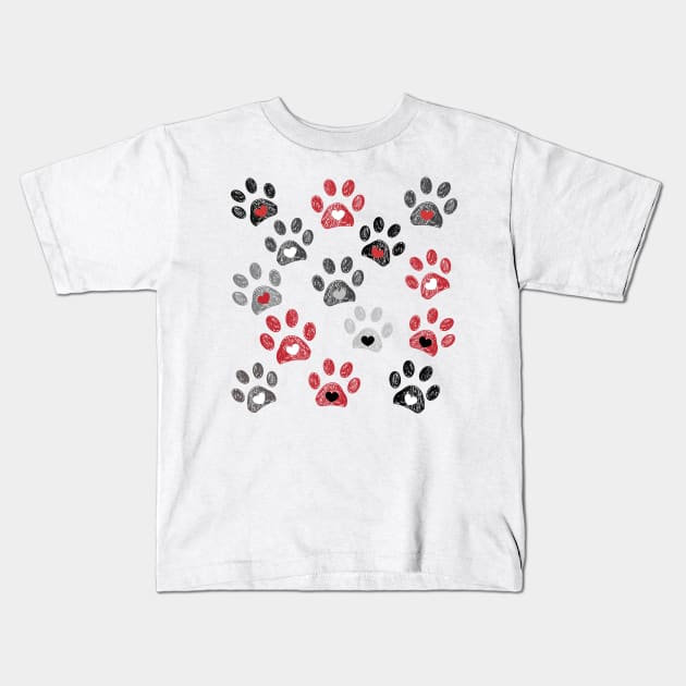 Red, black and grey doodle paw print Kids T-Shirt by GULSENGUNEL